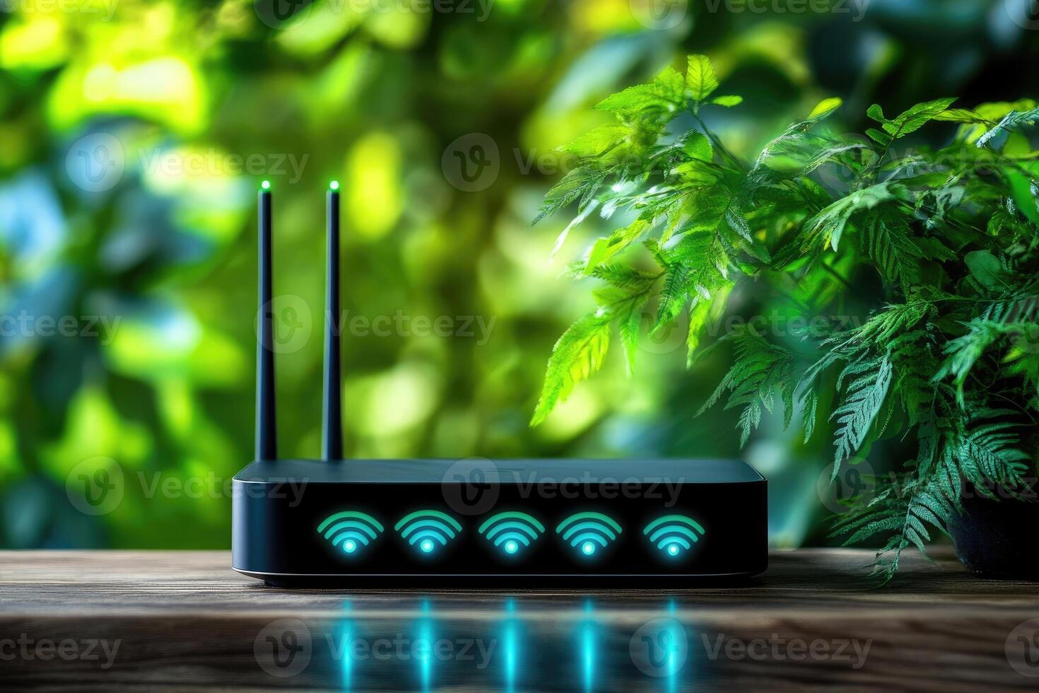 Wireless router providing strong wifi signal in lush green environment photo