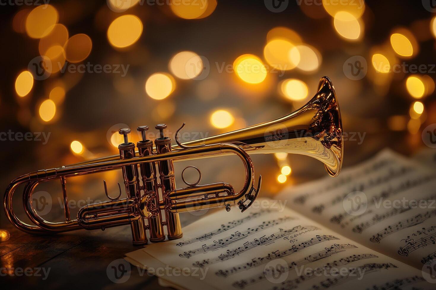 Shiny trumpet lying on musical score with warm bokeh lights in background photo