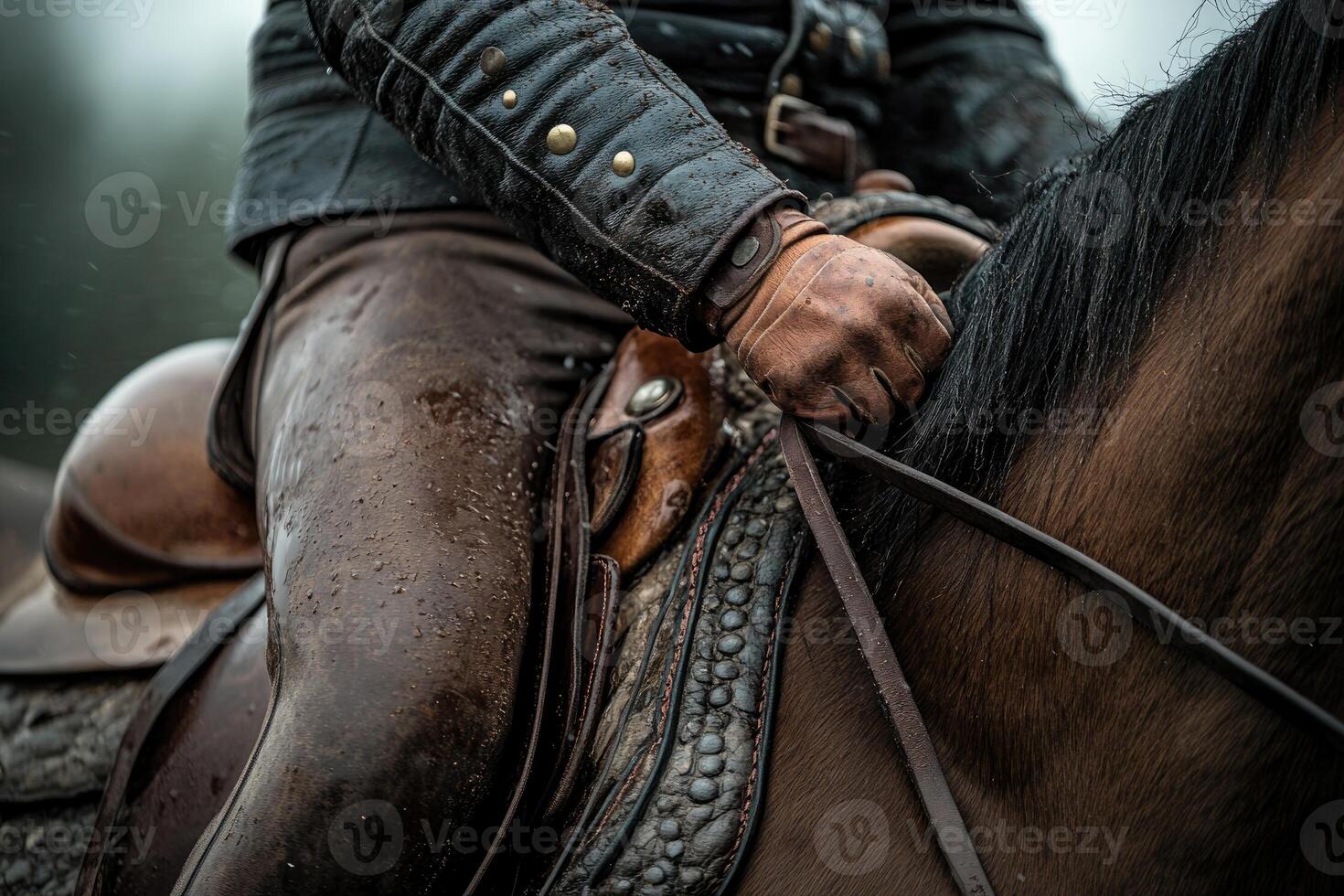 Close up of gloved hand holding reins while horseback riding photo