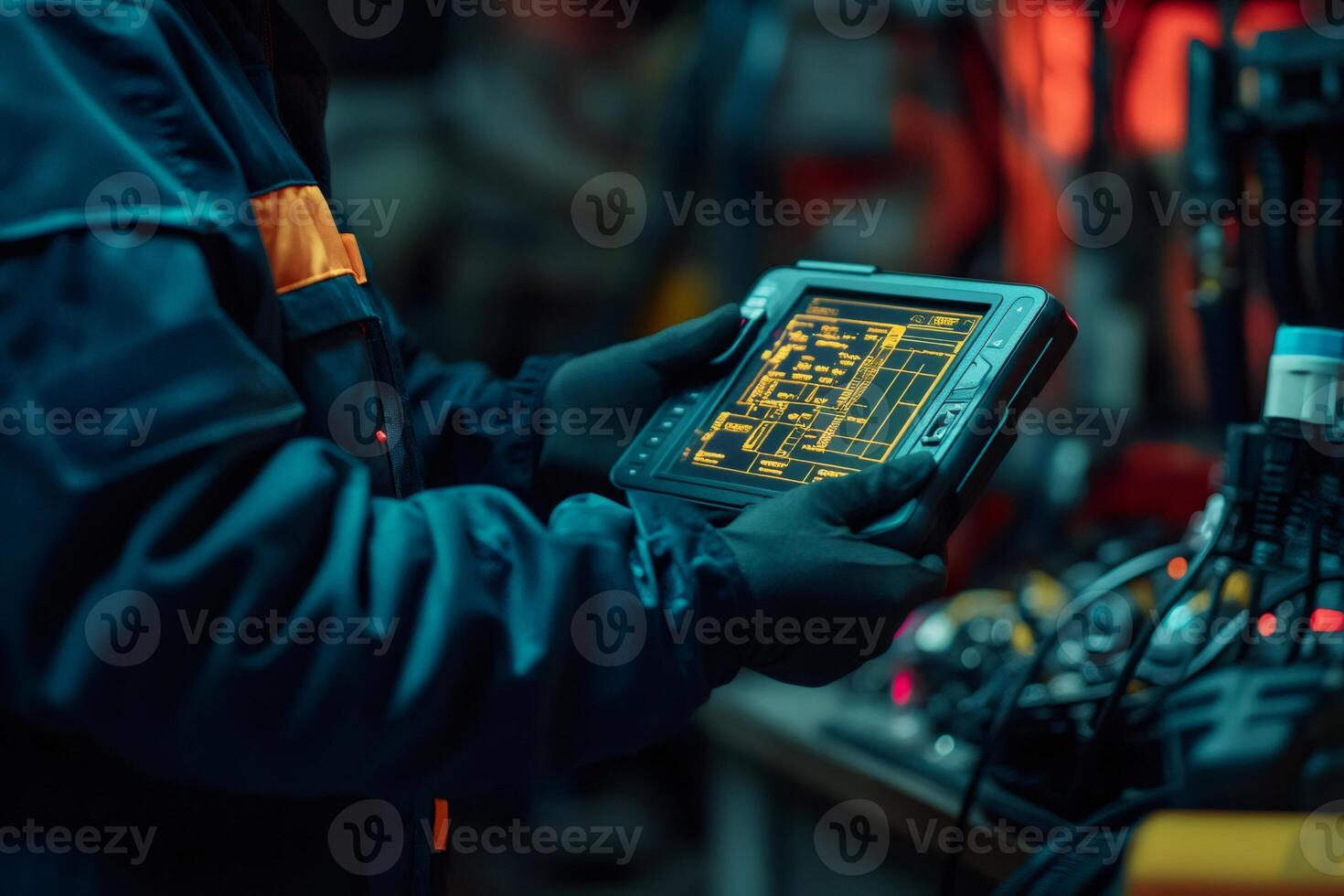 Technician analyzing circuit design on digital tablet photo