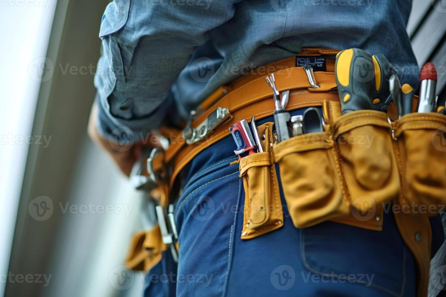 Skilled worker with tool belt in action photo