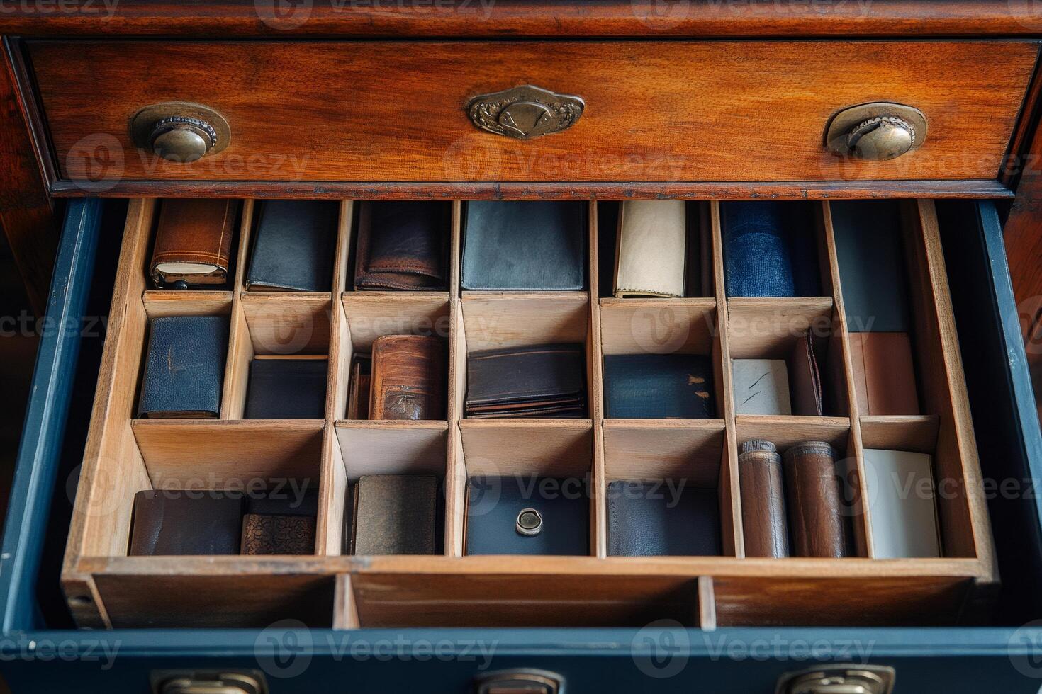 Neatly arranged vintage wallets in a wooden drawer photo