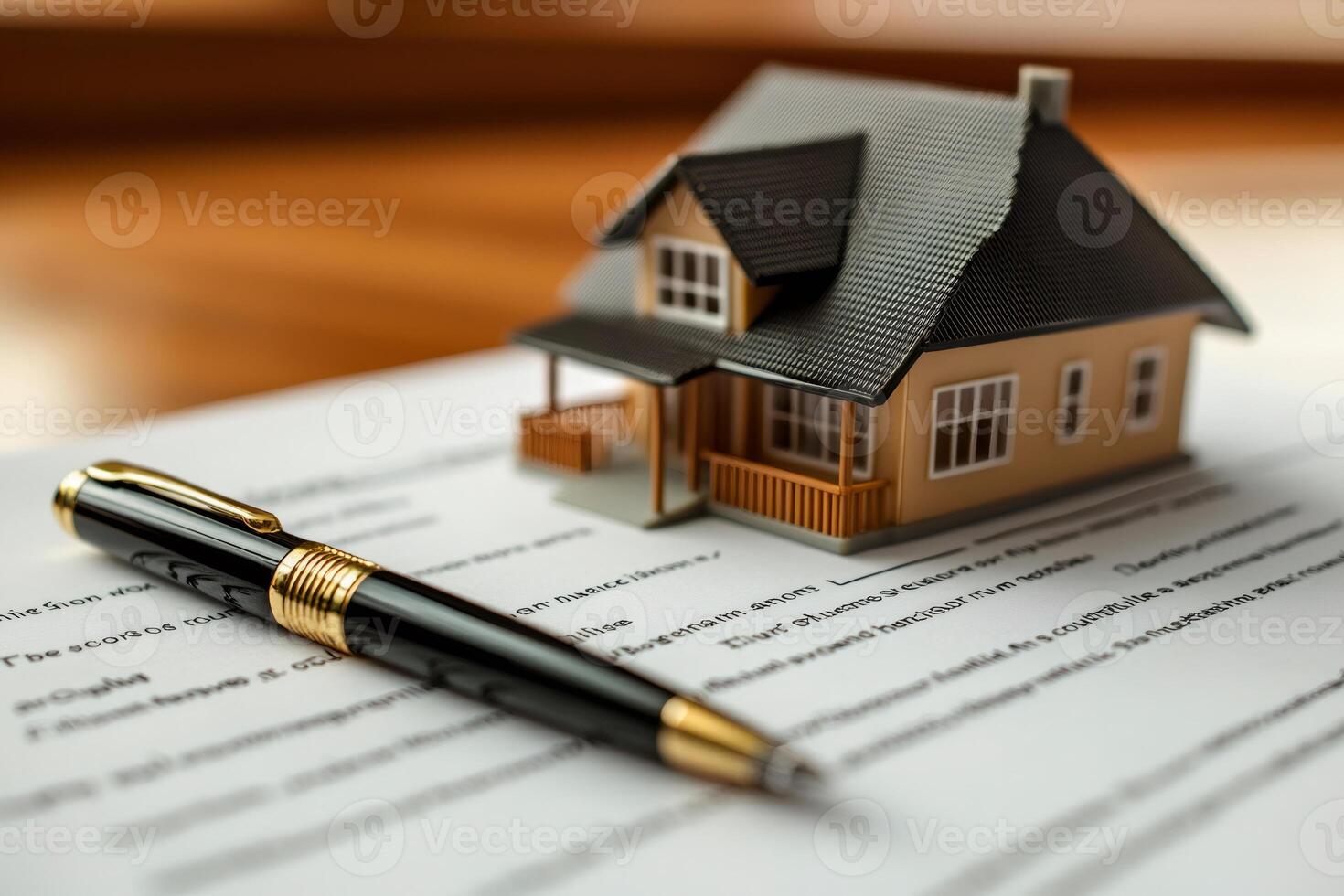 Pen and Miniature House Resting on Real Estate Contract Document photo