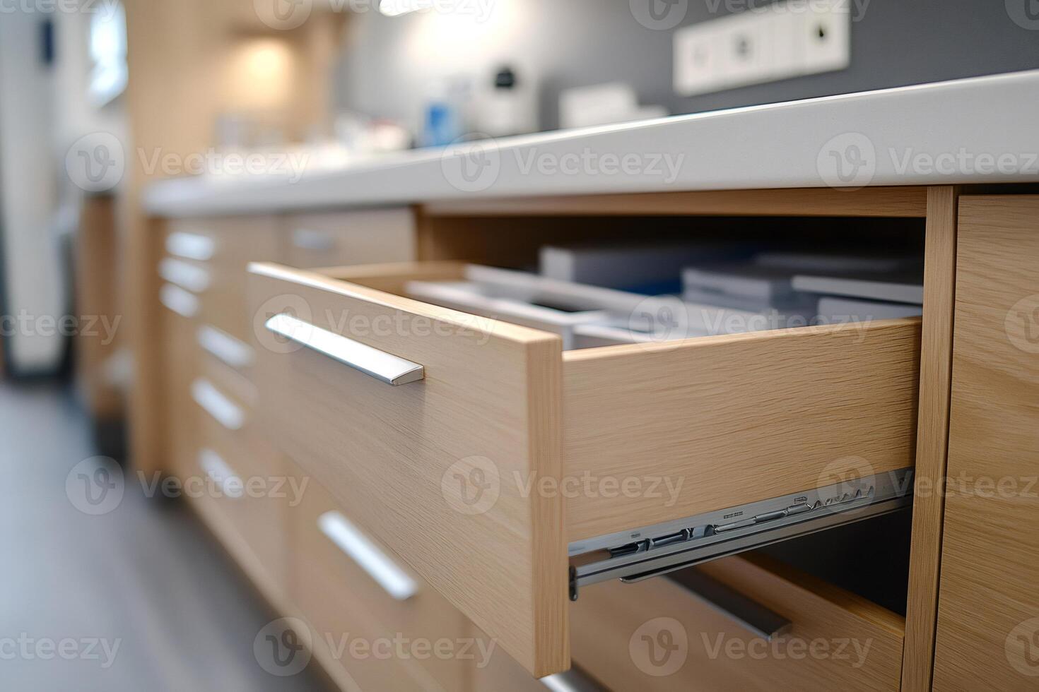 Modern kitchen drawer with sleek handles open photo
