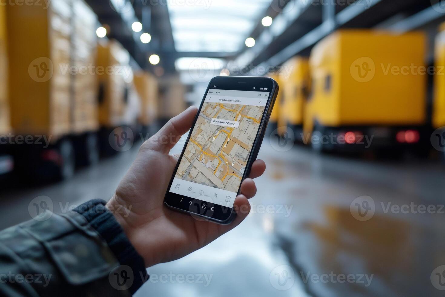 Logistics manager using gps app on smartphone in warehouse with trucks photo