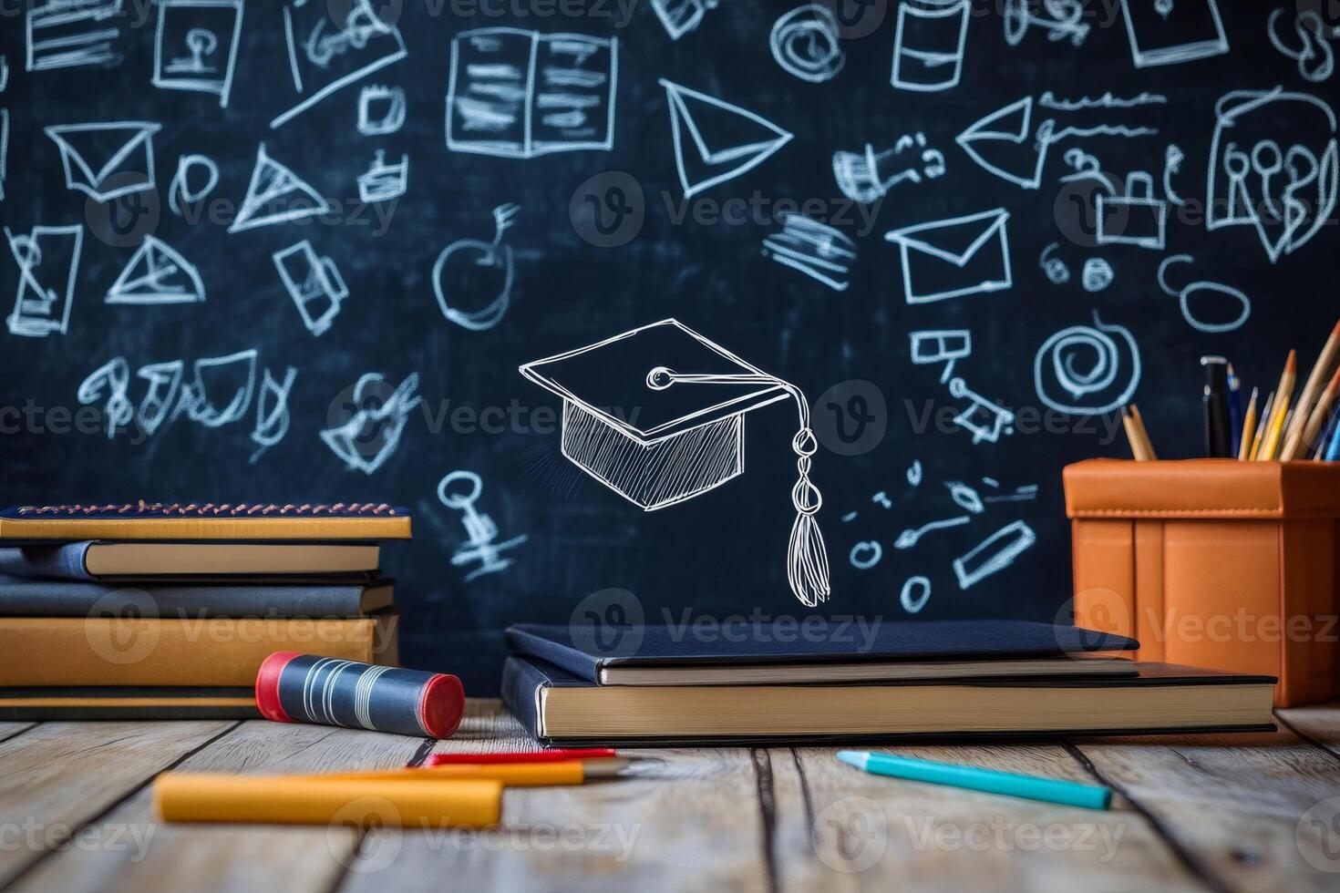 Graduation cap hovering over books and pencils on wooden desk with blackboard in background photo