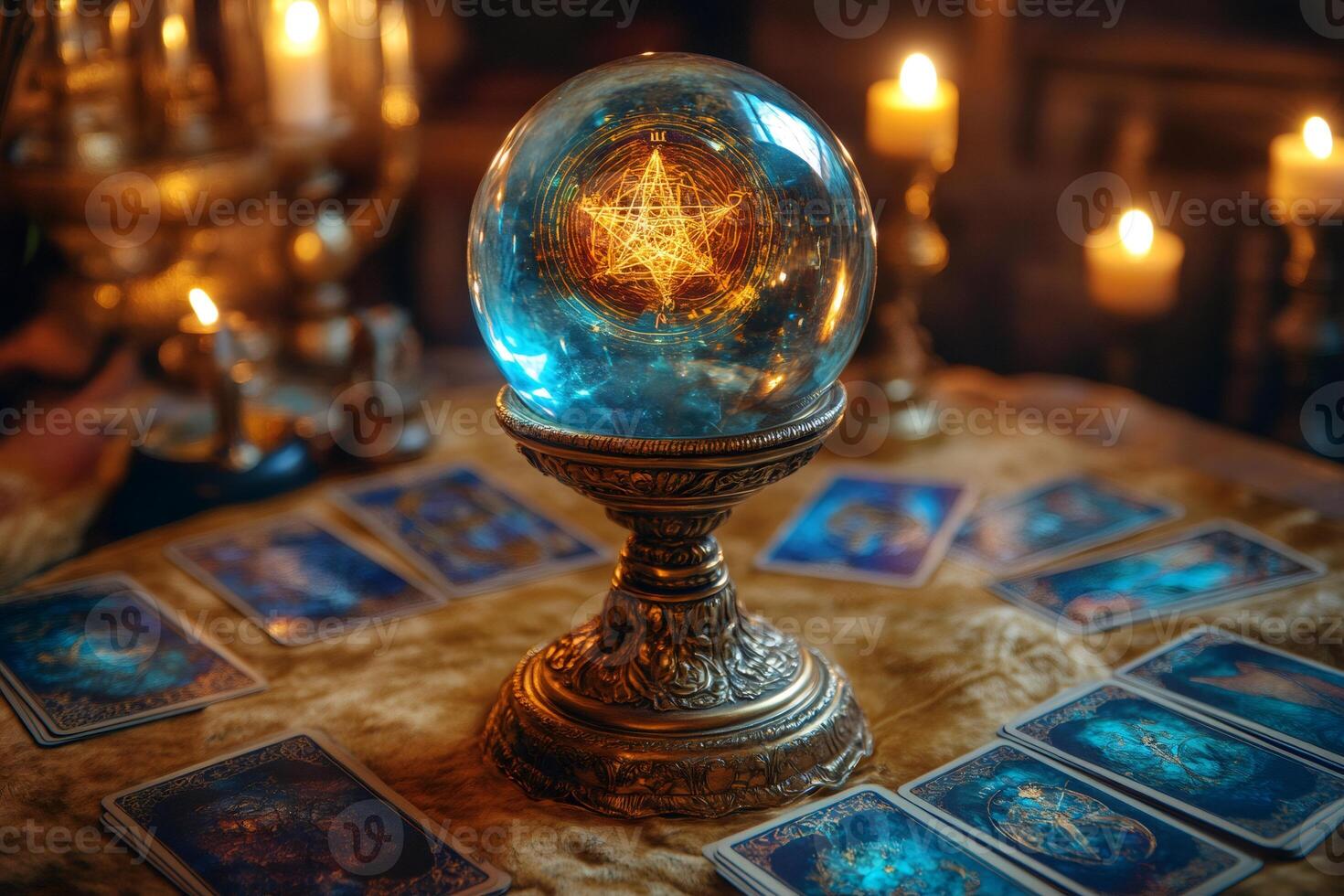 Crystal ball emitting light on tarot cards on fortune teller table with candles photo