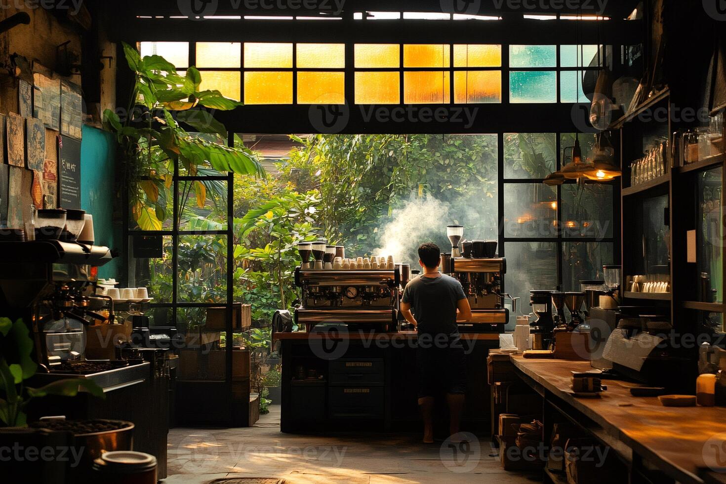 Barista preparing coffee in cozy industrial style coffee shop with garden view photo