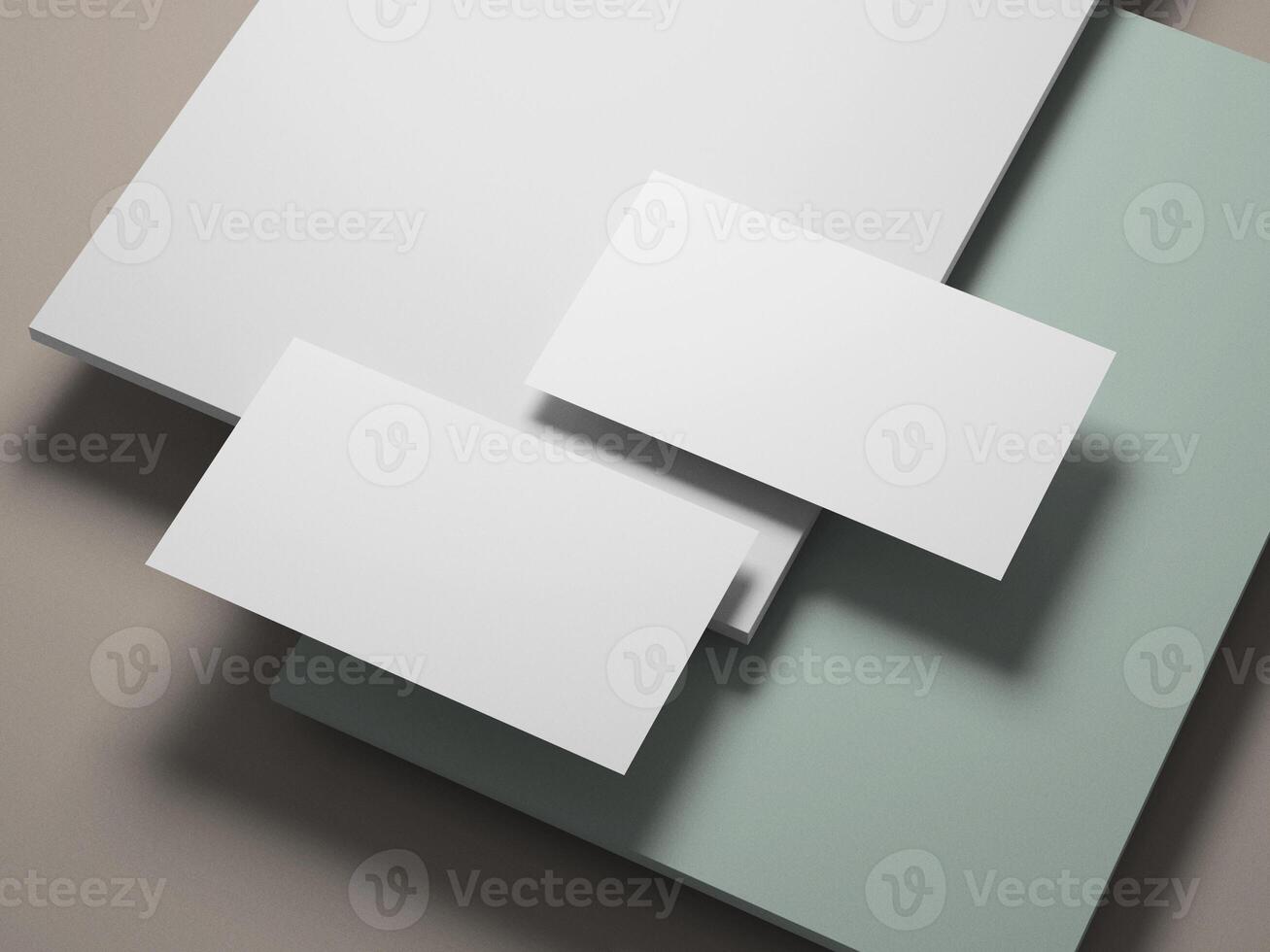 Stylish business card placed on white and pastel layers, featuring a modern and minimalistic design. photo