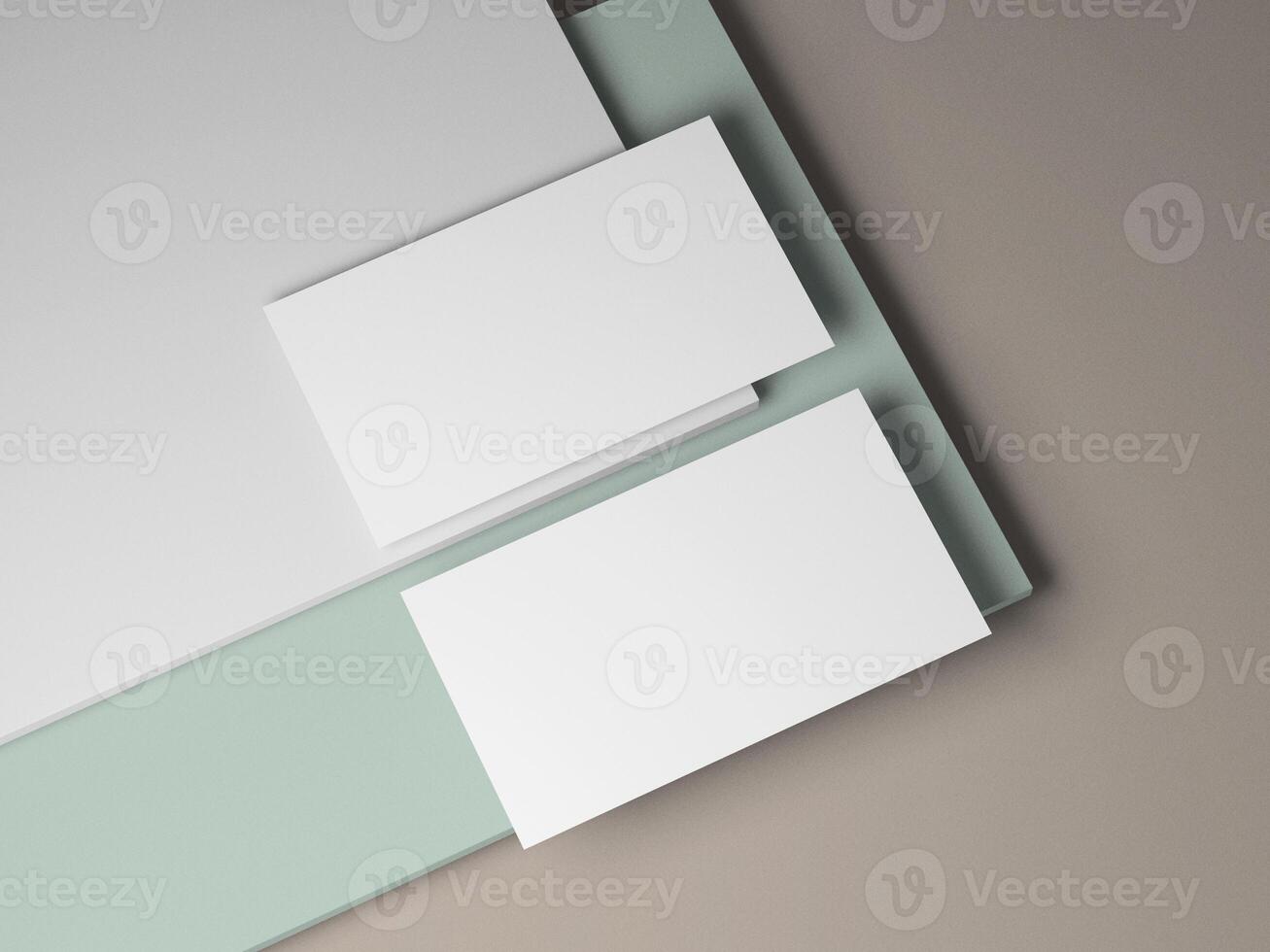 Minimalist business card mockup with soft pastel green and white layers. photo