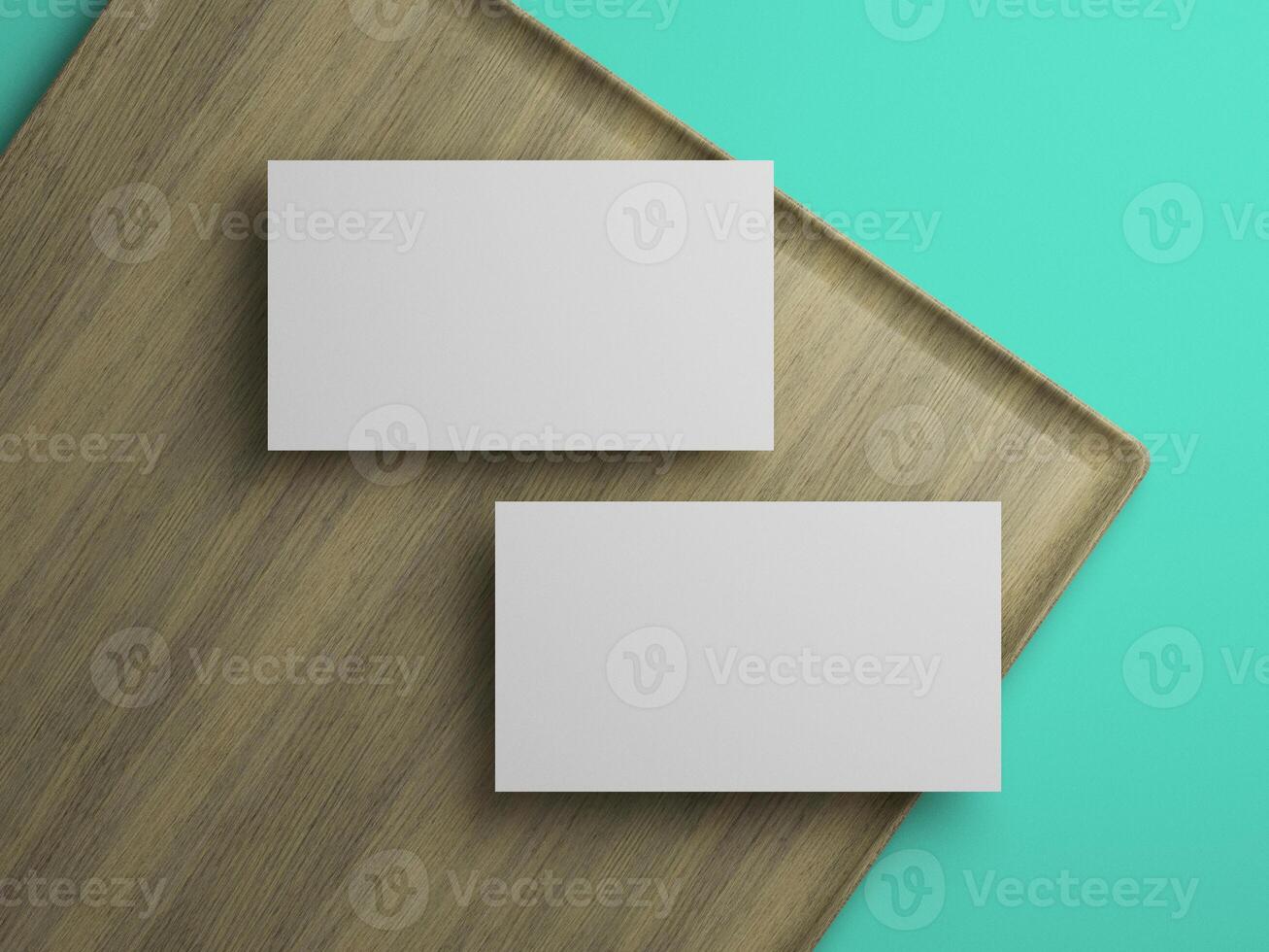 Wooden tray with double business cards on top, ideal for stylish identity mockup displays. photo