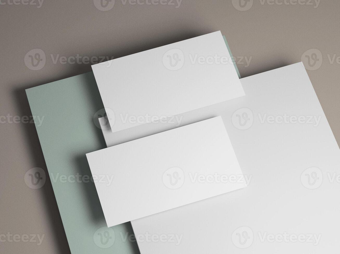 Clean business card mockup with soft gray, white, and pastel green background layers. photo