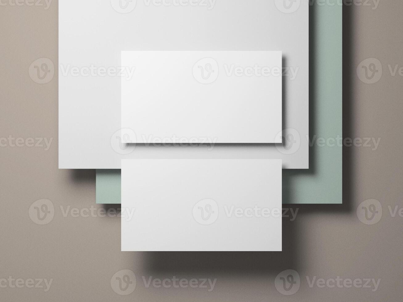 Stylish business card mockup with three layered backgrounds of white, gray, and pastel green. photo