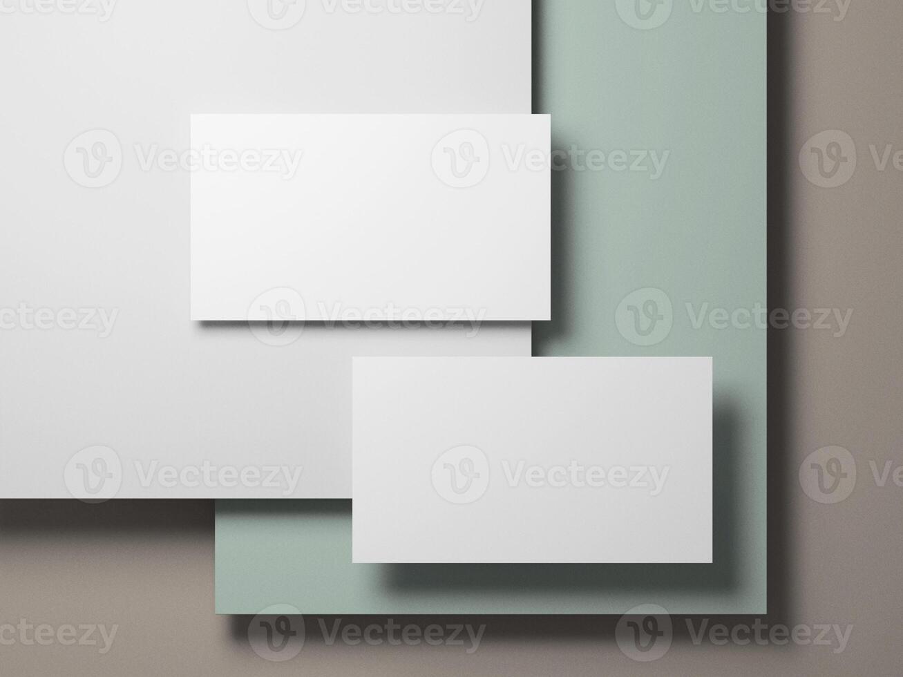 Modern business card mockup floating above gray, white, and pastel green background layers. photo