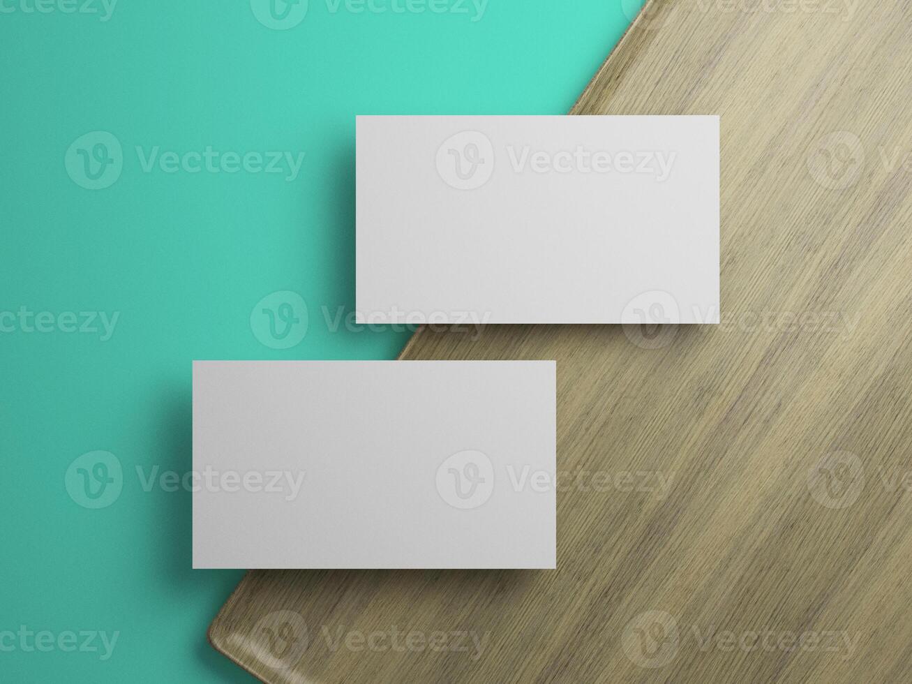 Two business cards on tilted tray with fresh teal background, perfect for elegant business branding. photo