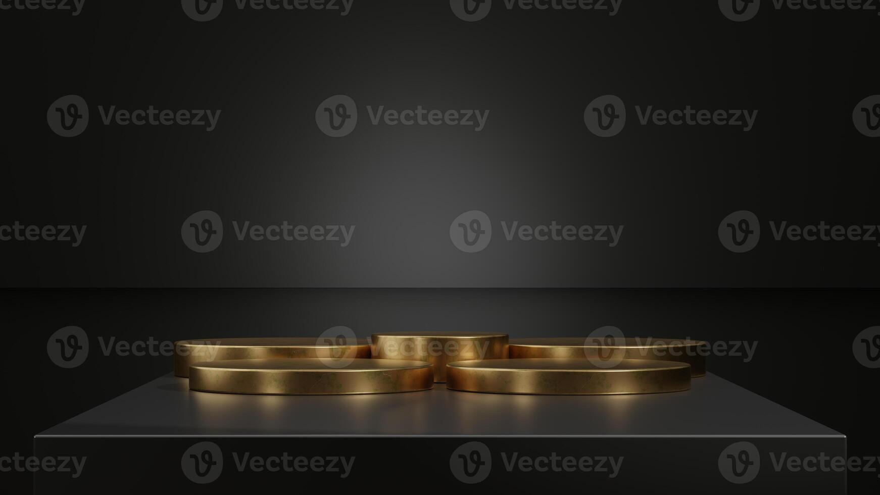 Golden podiums arranged in a triangular shape on a black table with dramatic lighting. photo