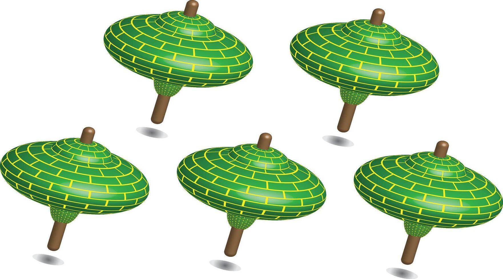 Five green spinning tops with yellow brick motifs on a white background vector