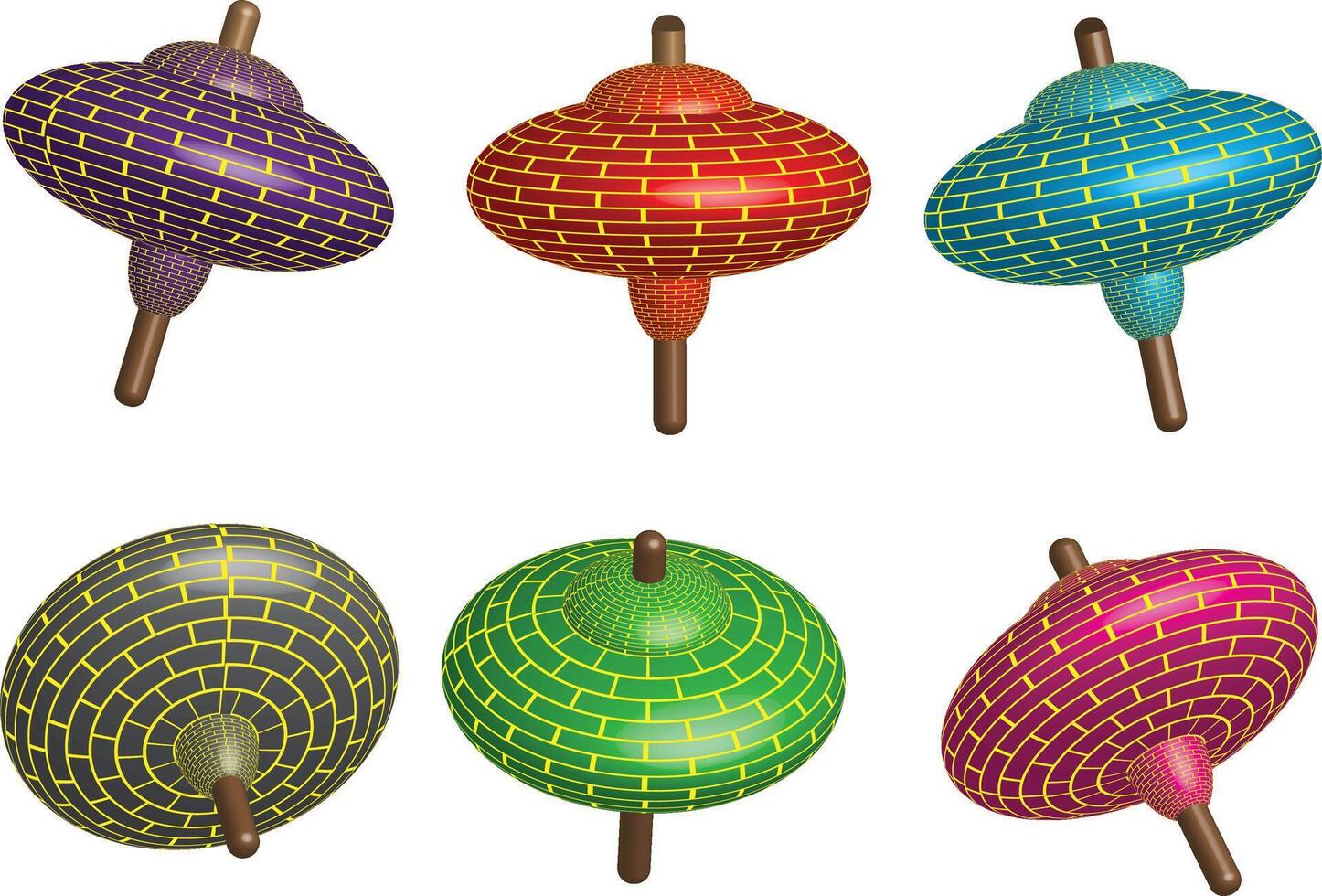 Collection of colorful spinning tops in various positions vector