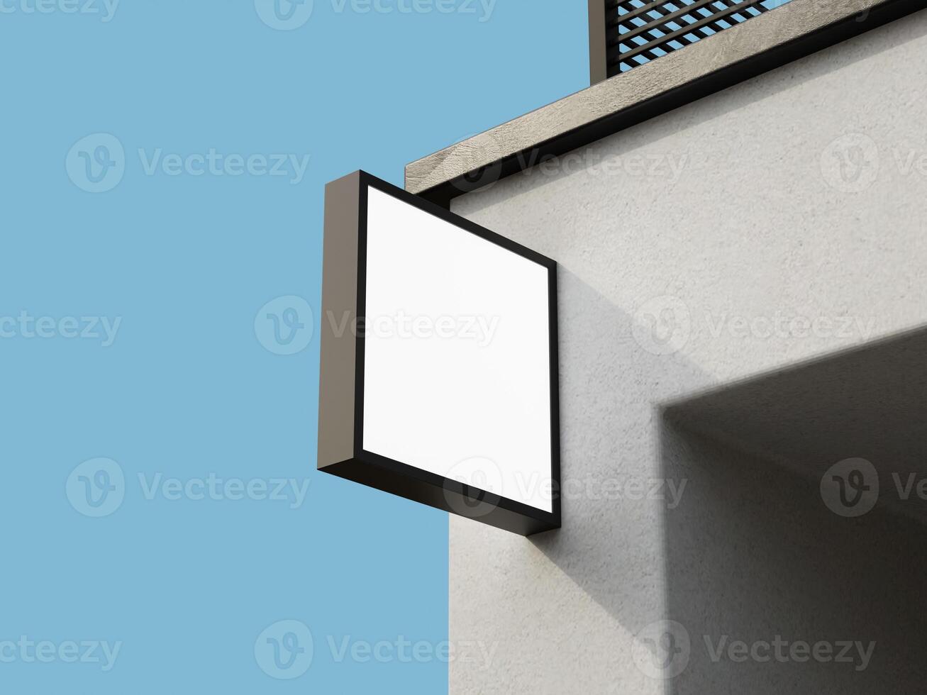 Simple and modern square sign mockup for logo or brand design, placed on a corner of a building. photo