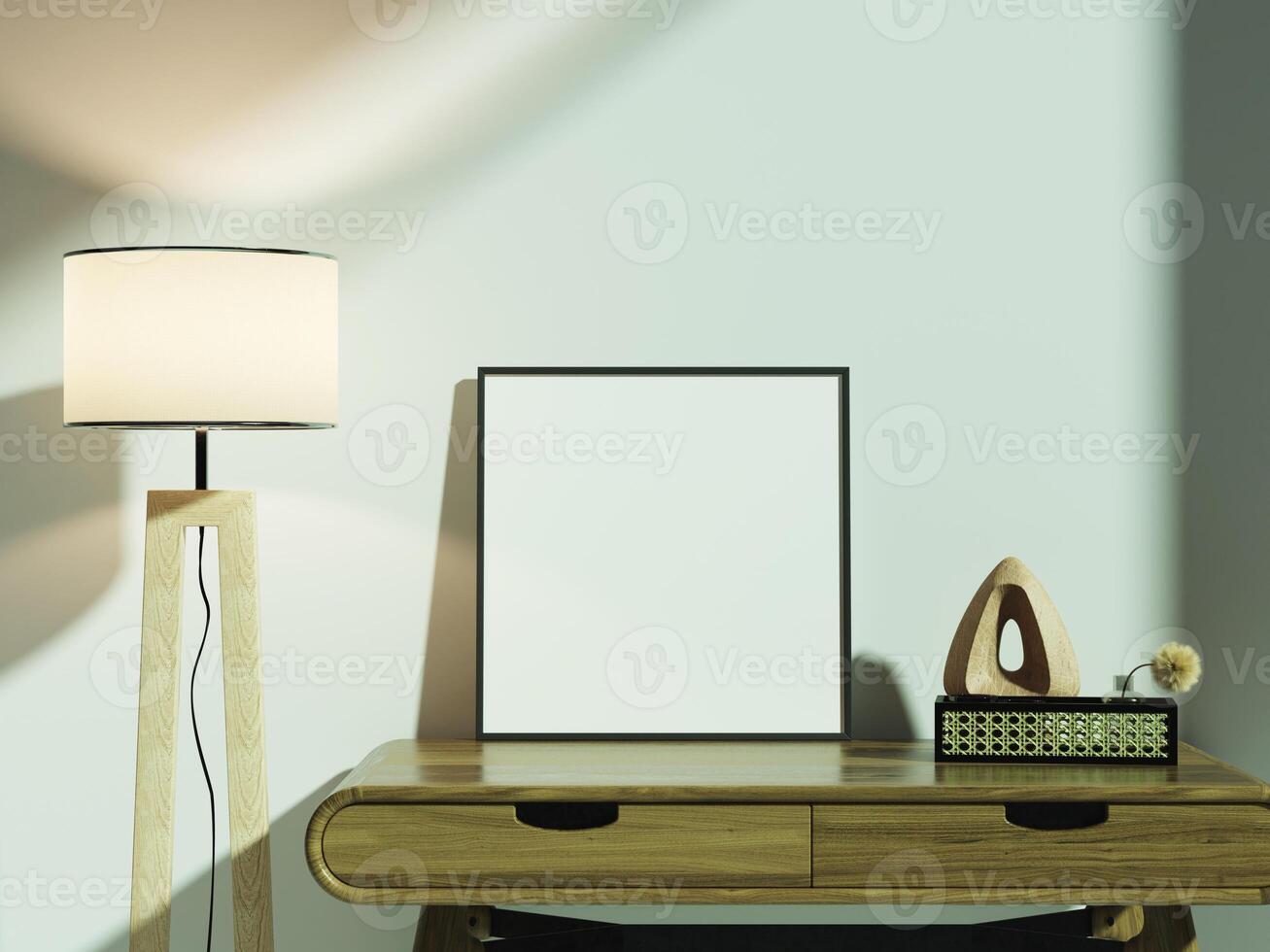 White frame mockup positioned on a desk in a chic living room setup, perfect for showcasing your creative work. photo
