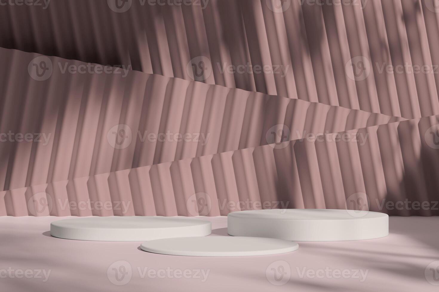 Two white podiums placed in a minimalist setting with soft lighting, ideal for showcasing modern design concepts. photo