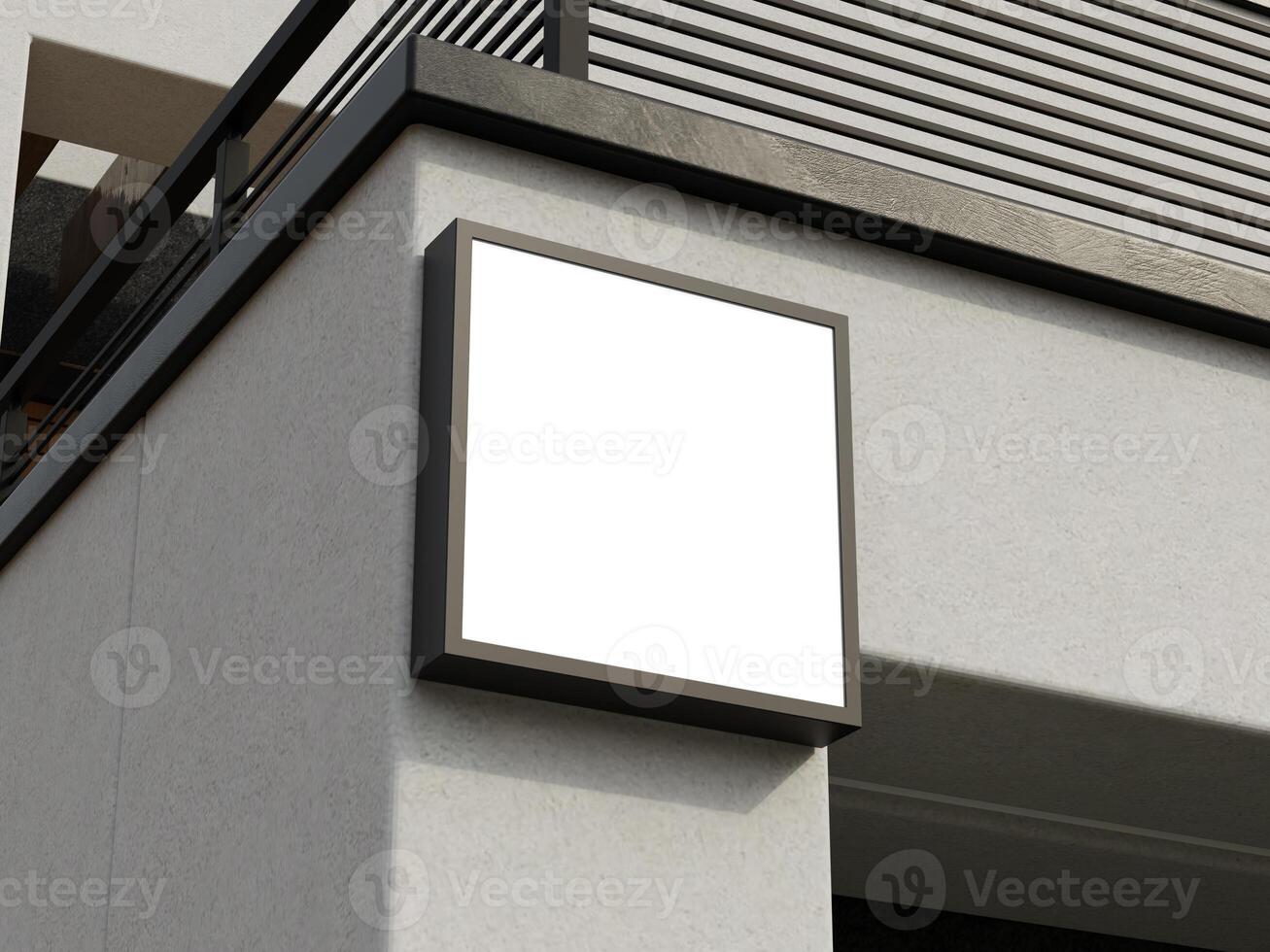 Sophisticated and empty square sign mockup mounted on a building wall, perfect for custom designs. photo