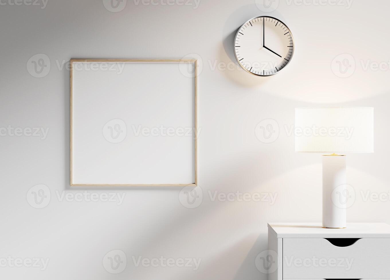 Square black frame mockup hanging on a white wall with soft lighting, ideal for showcasing creative designs or photography. photo