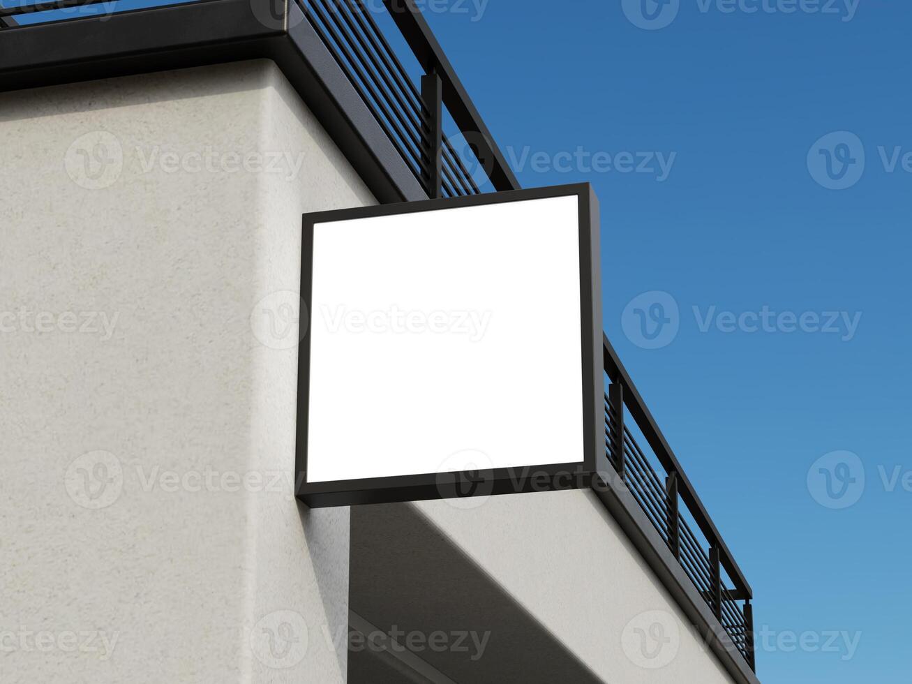 Minimalistic blank logo sign mockup with a modern square frame hanging on a building's wall. photo