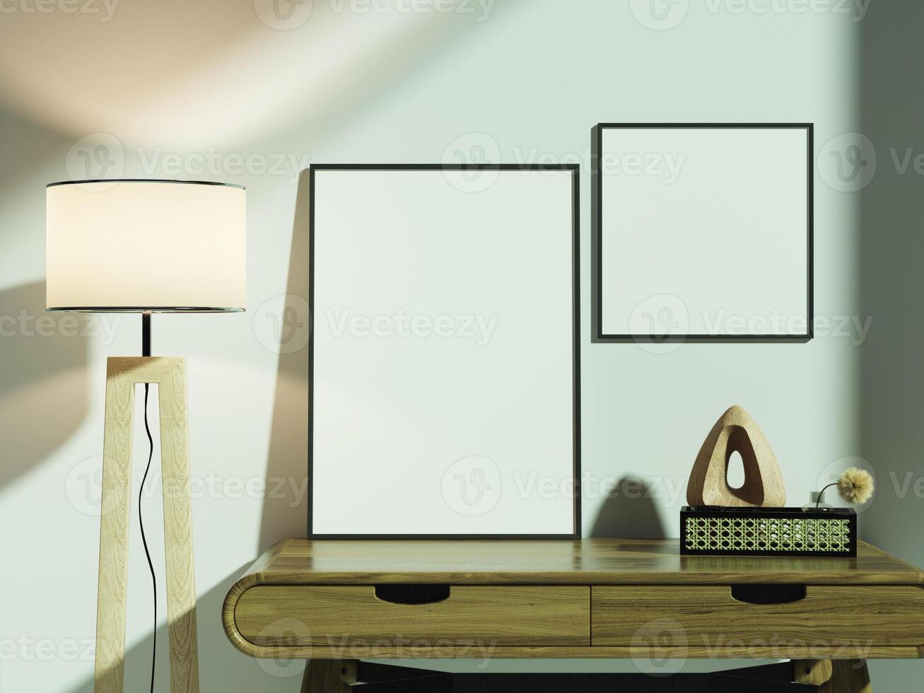 Minimal frame mockup placed on a wooden desk, with a cozy and ambient living room backdrop, ideal for digital artwork or photography display. photo