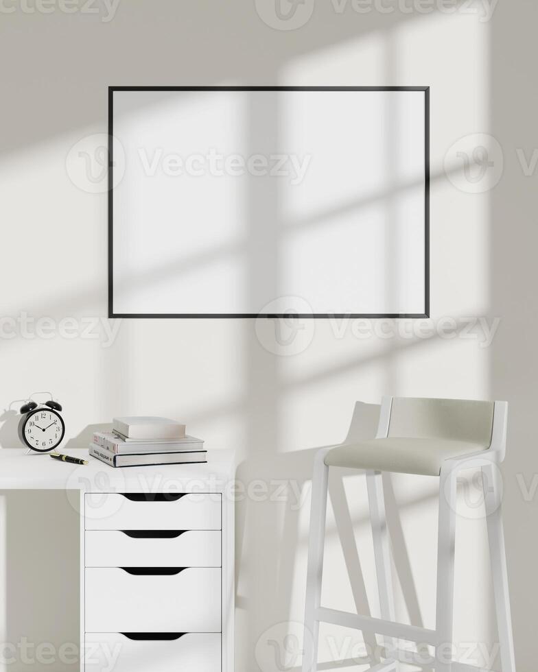 Light room with a soft, neutral color palette, featuring a blank picture frame mockup on the wall and a stylish white chair beside a desk. photo