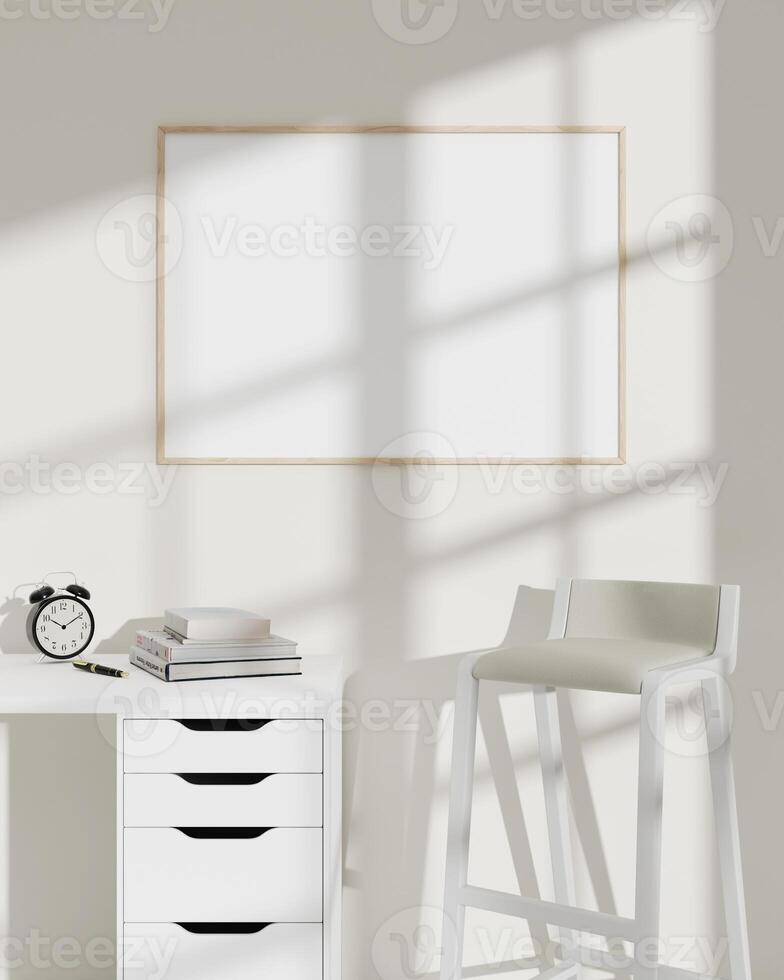 Stylish minimalist room with a framed white picture on the wall mockup, an elegant white chair, and a desk with books and an alarm clock. photo