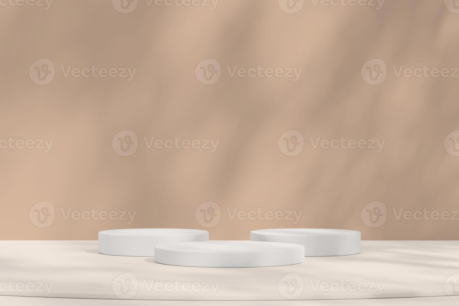 Three white podiums on a neutral beige table with a soft background, perfect for showcasing products with a clean design. photo