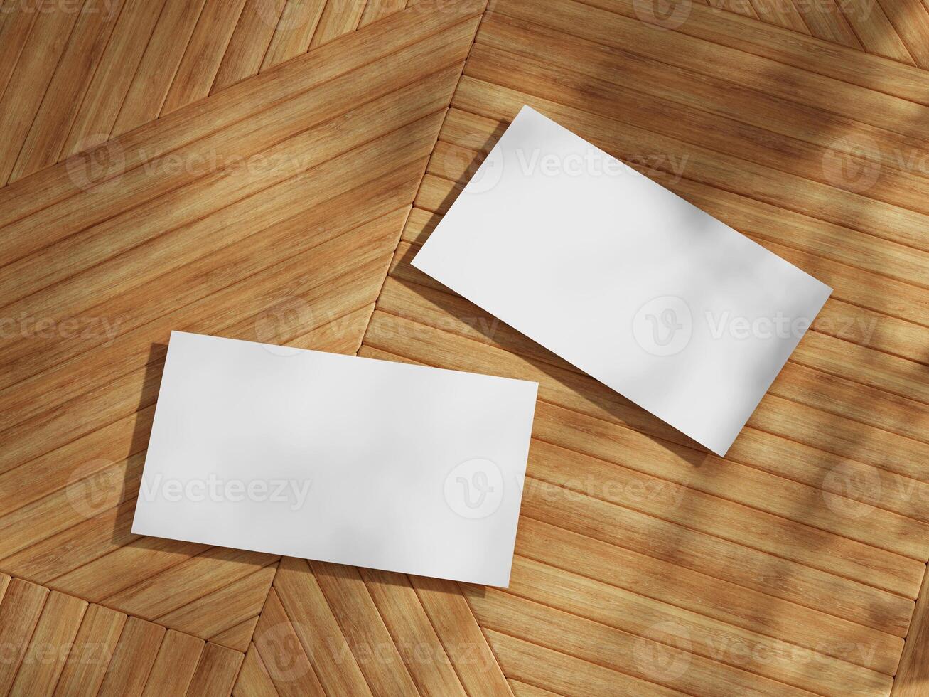 Business card mockup featuring two cards set against wooden background, showcasing a simple yet elegant design. photo