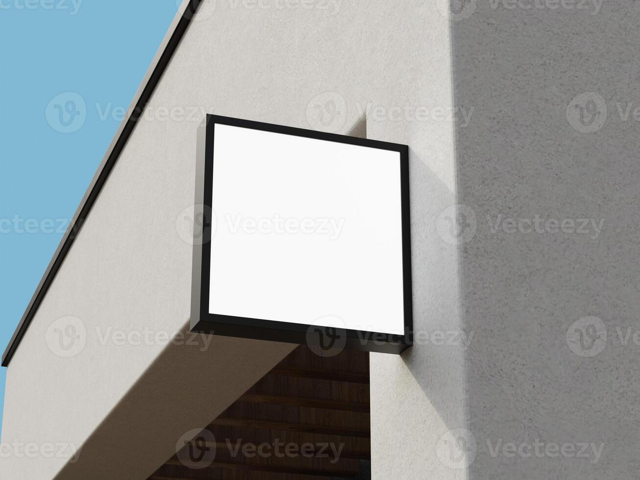 Professional blank sign mockup with a sleek black frame, ideal for logo branding on a building's corner. photo