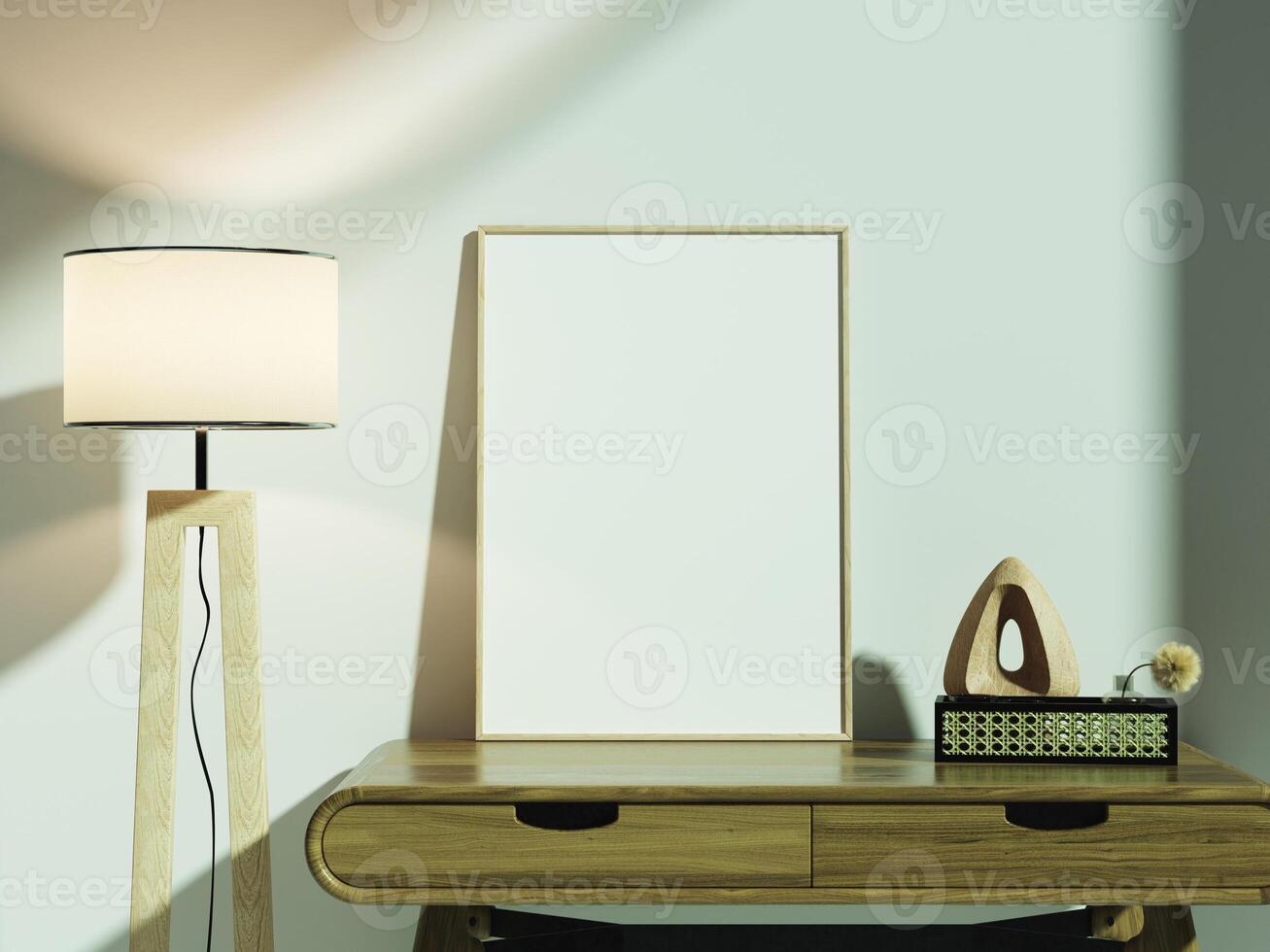 Stylish wooden-framed poster mockup placed on a desk with a decorative object and a soft ambient light in the background. photo