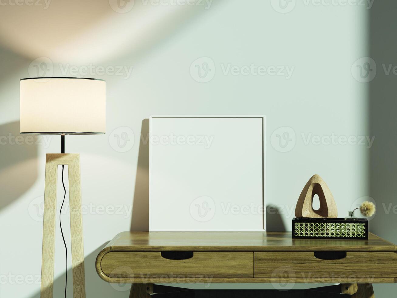 Square frame mockup on a wooden desk, surrounded by a minimalistic living room decor. photo