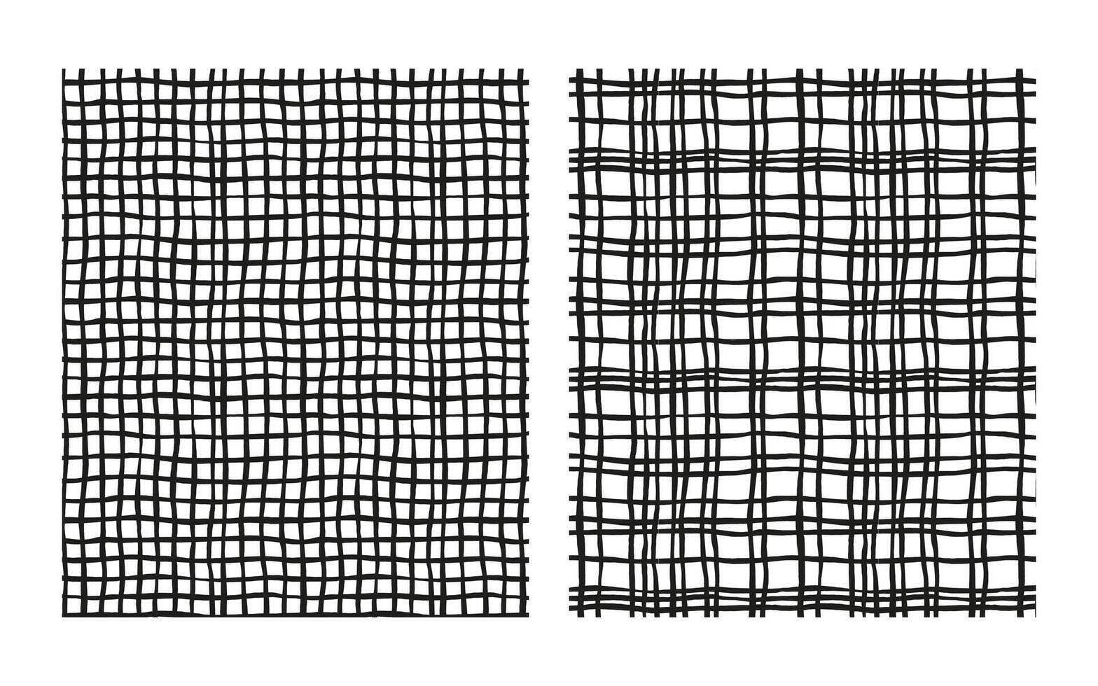 amless hand-drawn checkered pattern with square, mesh, and plaid elements. Black and white geometric background featuring uneven vertical and horizontal doodle-style stripes. vector