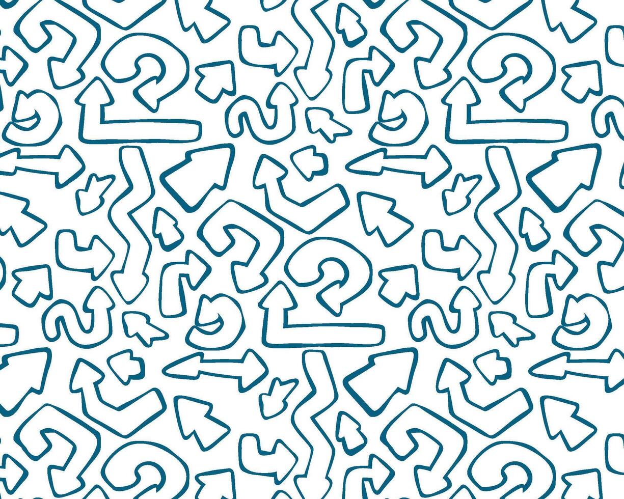 Seamless pattern of blue doodle arrows. Hand-drawn curved and wavy marker-style strokes with bold lines and sketchy texture. Fun and dynamic design for creative projects. vector