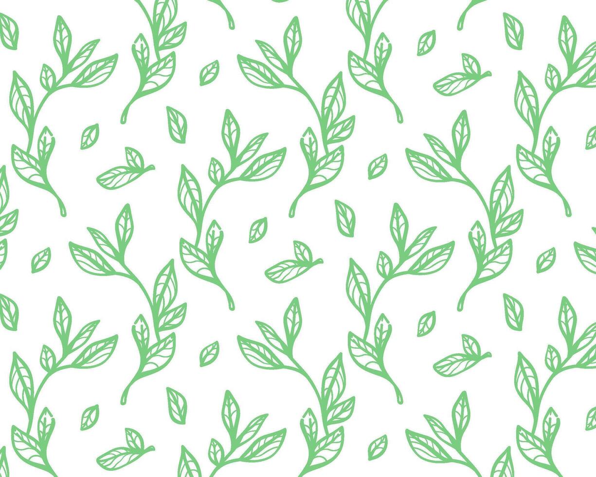 Seamless pattern with green leaves brush branches. Olive, eucalyptus, and laurel twigs in modern ornament style. Hand-drawn ink texture with abstract plant motifs. vector