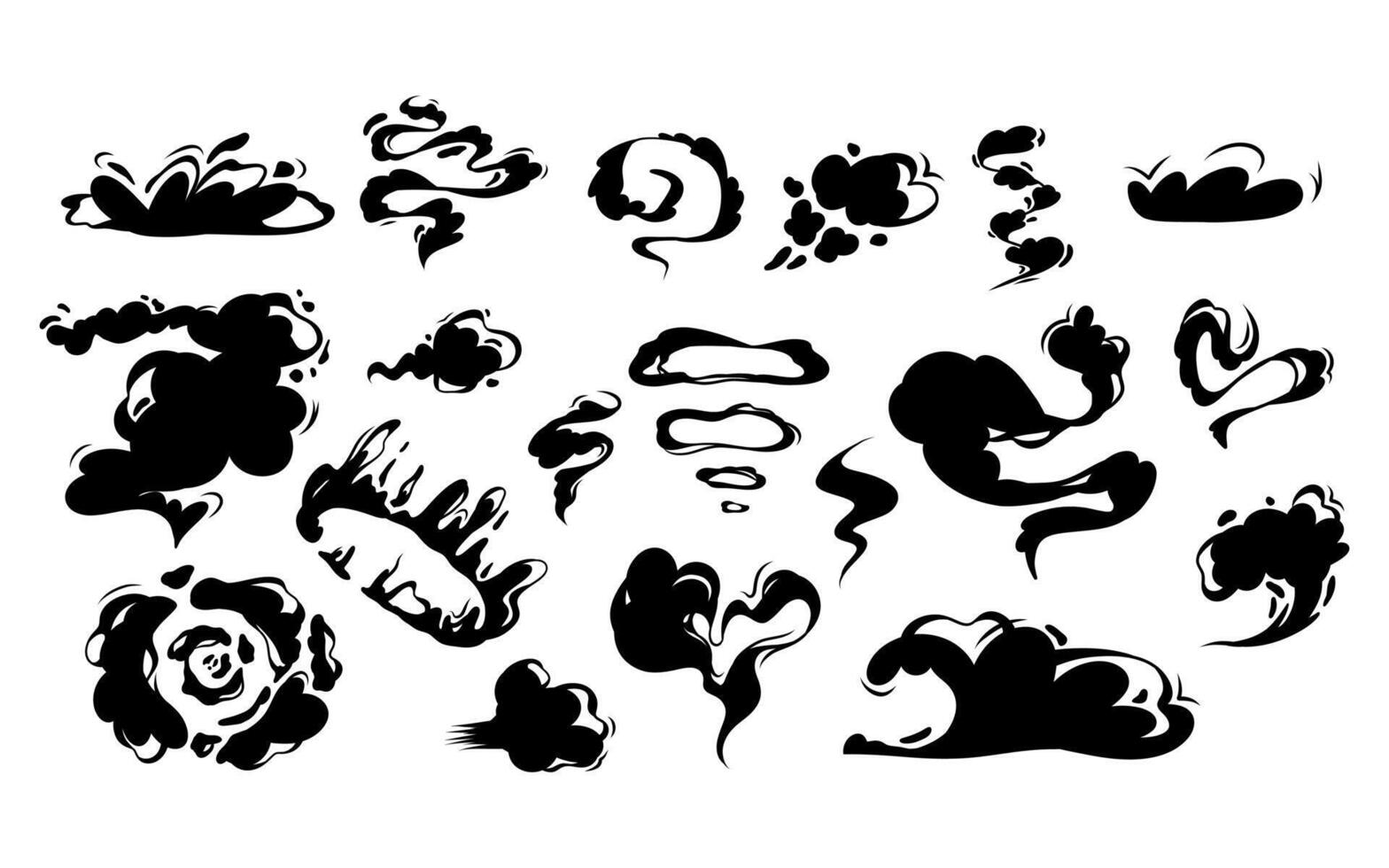smoke set with special effects. Cartoon steam clouds, puff, mist, fog, and dust explosions in 2D VFX style. Clipart for games, print, advertising, menus, and web design. vector