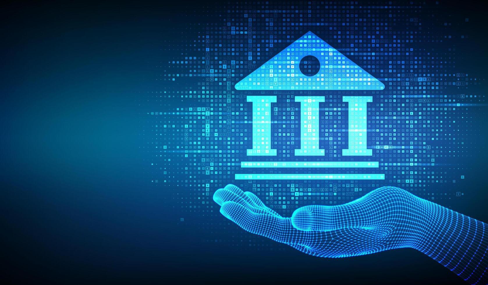 Banking service background. Bank icon made with currency symbols in wireframe hand. Dollar, euro, yen, pound icons. Background with currency signs. Bank financing, money exchange. illustration vector