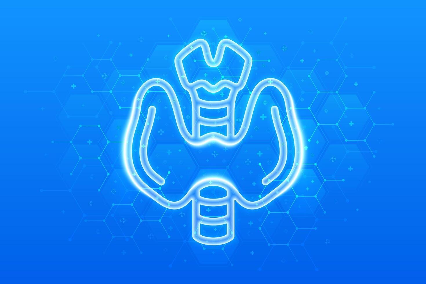 Thyroid gland icon. Thyroid health care. Awareness of Endocrine diseases hyperthyroidism, hypothyroidism. Endocrinology. Molecular structure. Blue medical background with hexagons vector