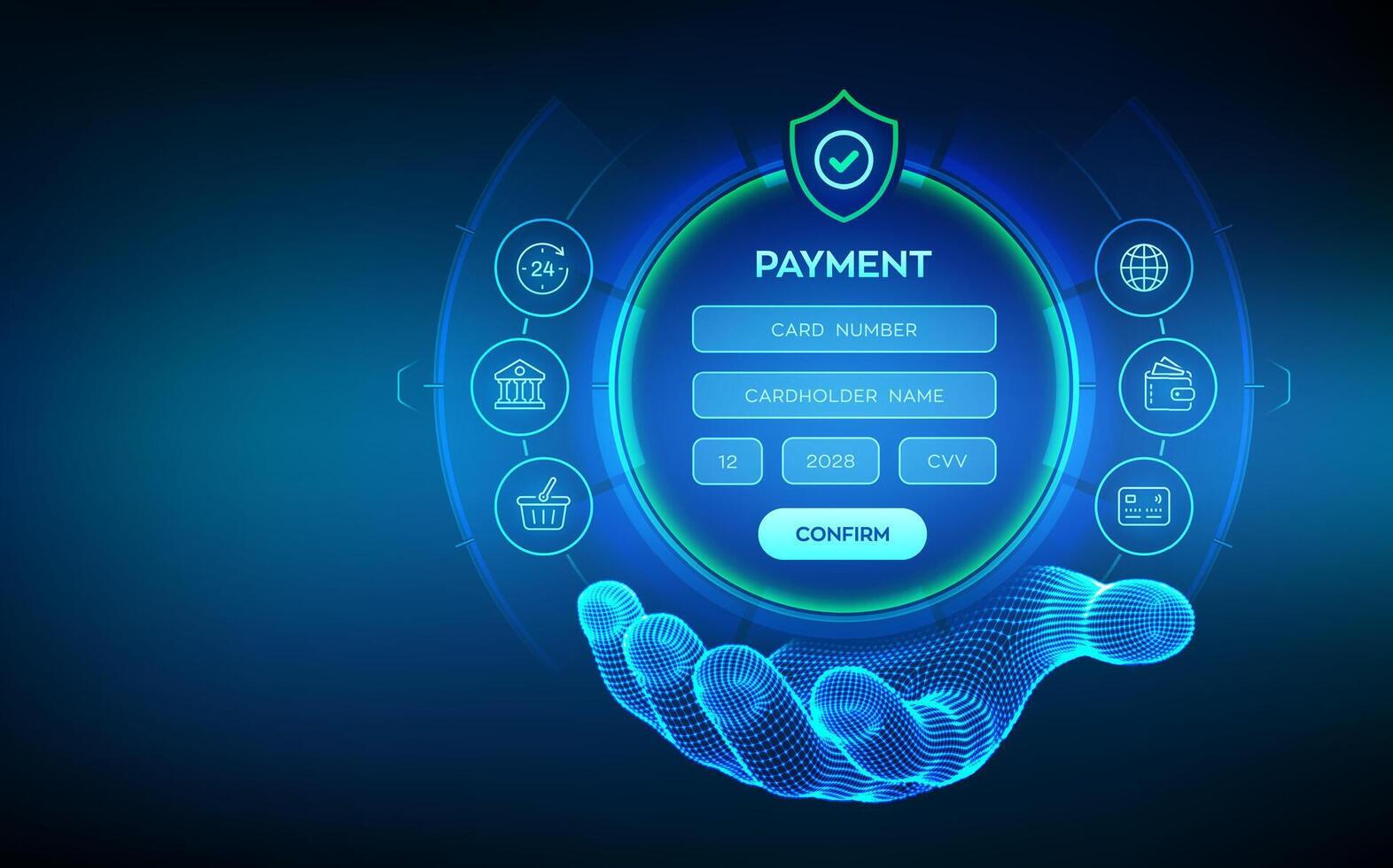 Online payment concept. Online banking digital technology. Online payment via banking application. Online shopping. Financial transaction. Digital interface in wireframe hand. illustration. vector