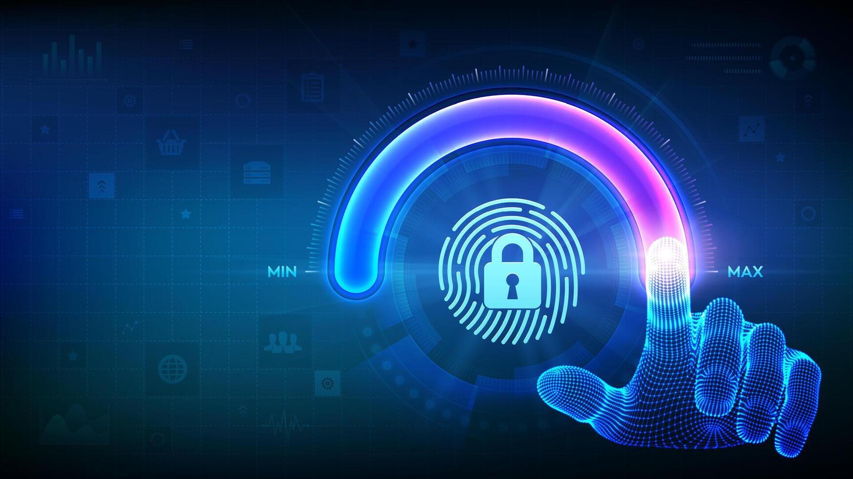 Increasing Privacy Security level. Enhance personal data protection level. Hand is pulling up to the maximum position circle progress bar with the fingerpring and lock icon. illustration. vector