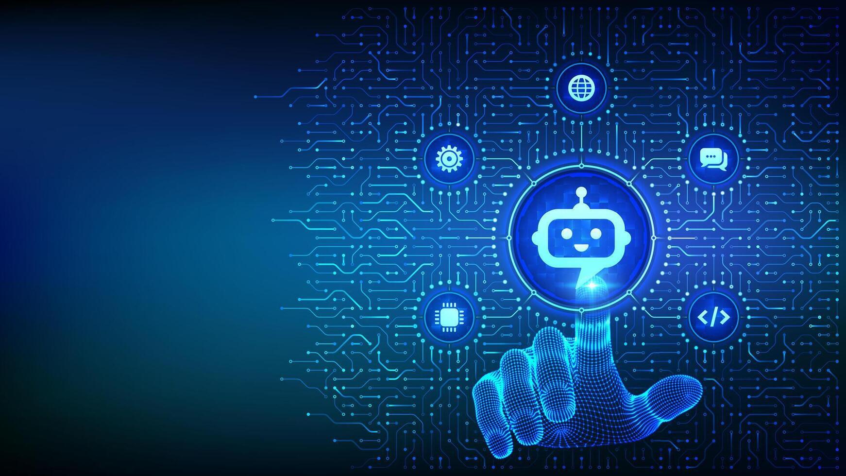 Chatbot. Chatbot assistant app. Smart assistant. AI. Artificial intelligence technology concept. Background with circuit board connections and tech icons. Hand pressing button. Illustration. vector