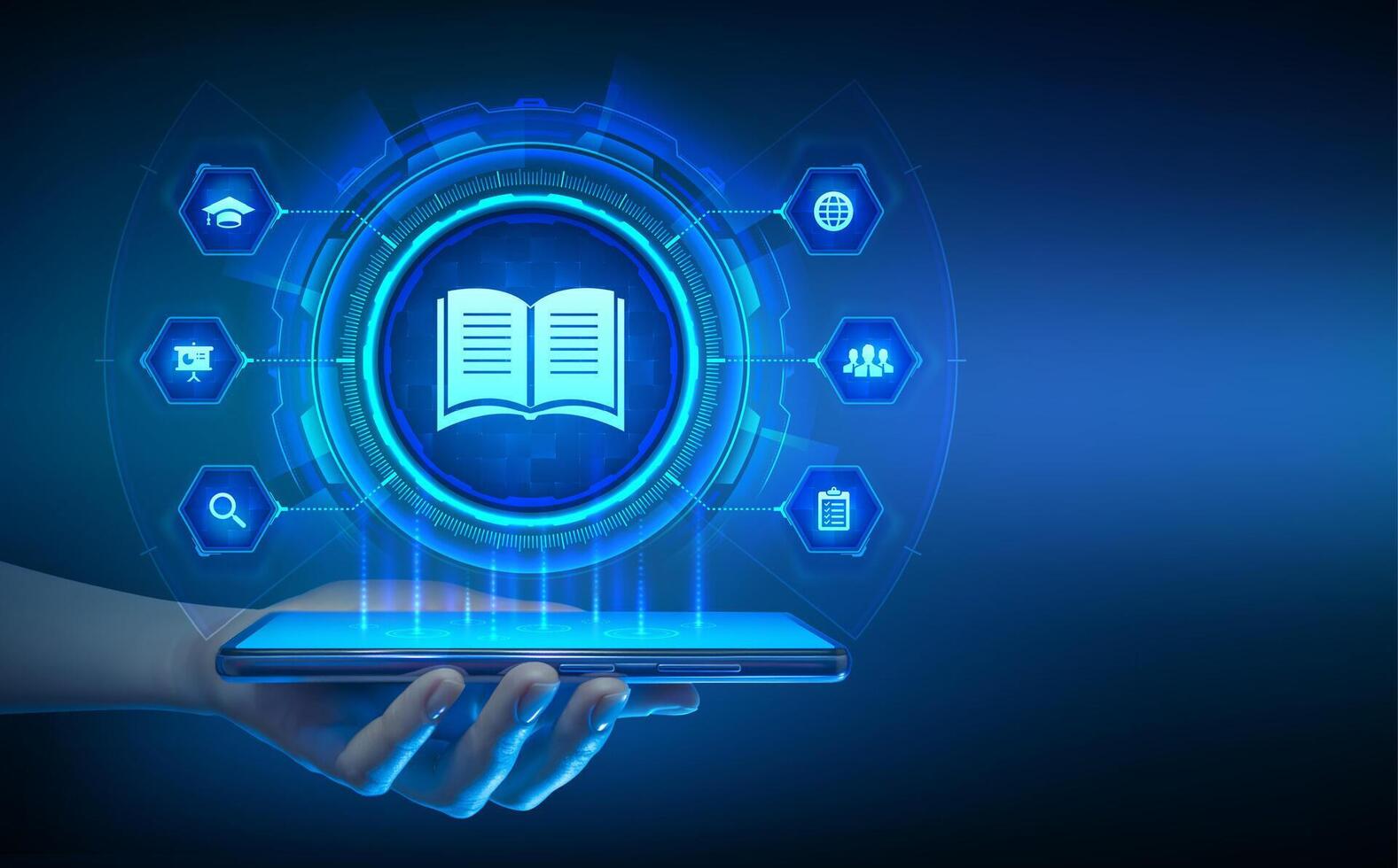 E-learning. Innovative online education and internet technology concept. Webinar, teaching, online training courses. Skill development. Smartphone in hand. Using smartphone. illustration. vector