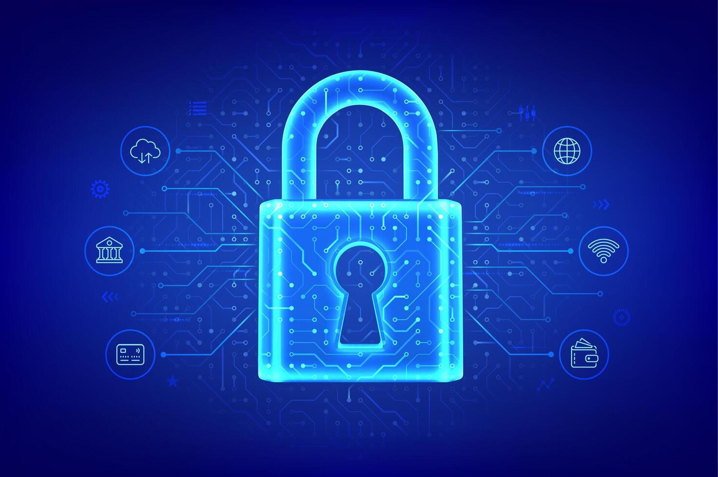Cyber security and data protection technology concept. Padlock with keyhole. Network safety. Information privacy idea. Circuit board pattern. PCB printed circuit texture. illustration. vector