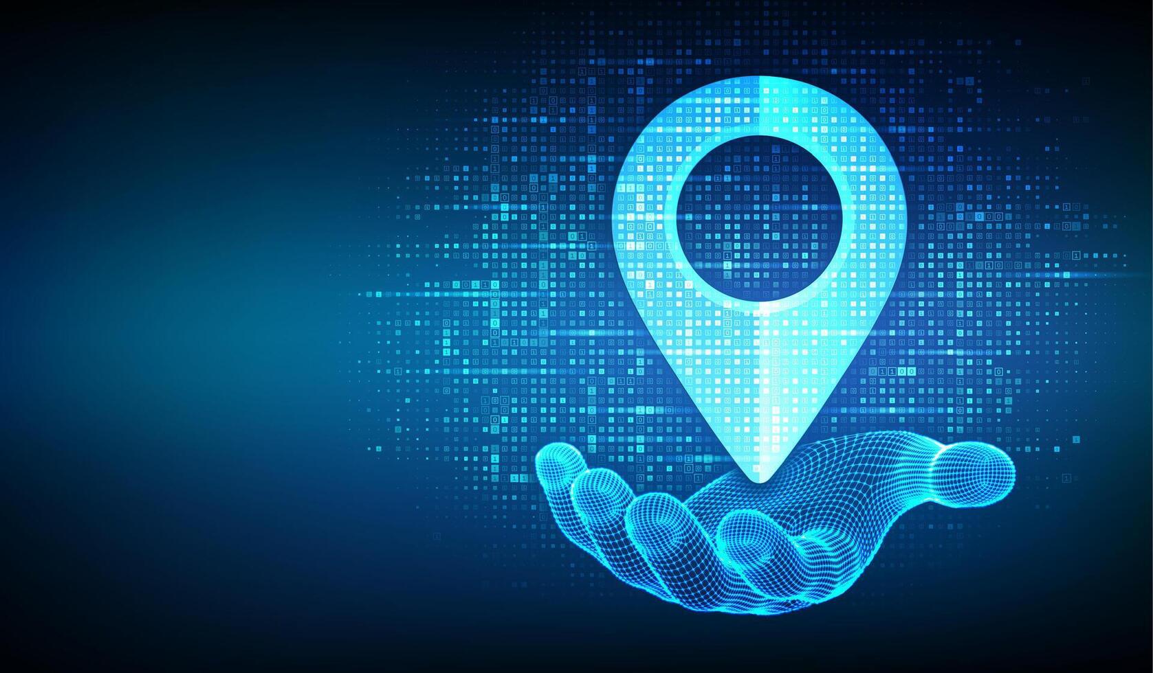 Point of location icon made with binary code in wireframe hand. Pointer of map. Gps pointer. Navigation pin point global position system symbol. Digital background with digits 1.0. Illustration vector