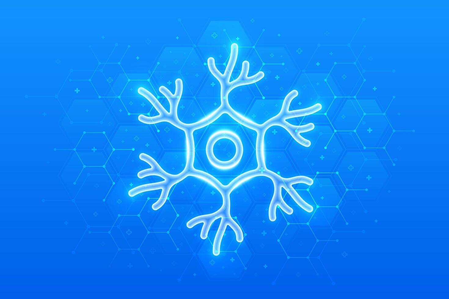 Nerve cell icon. Human neuron cell, unit of the nervous system. Nerve health. Neural communication, brain function. Molecular structure. Blue medical background with hexagons vector