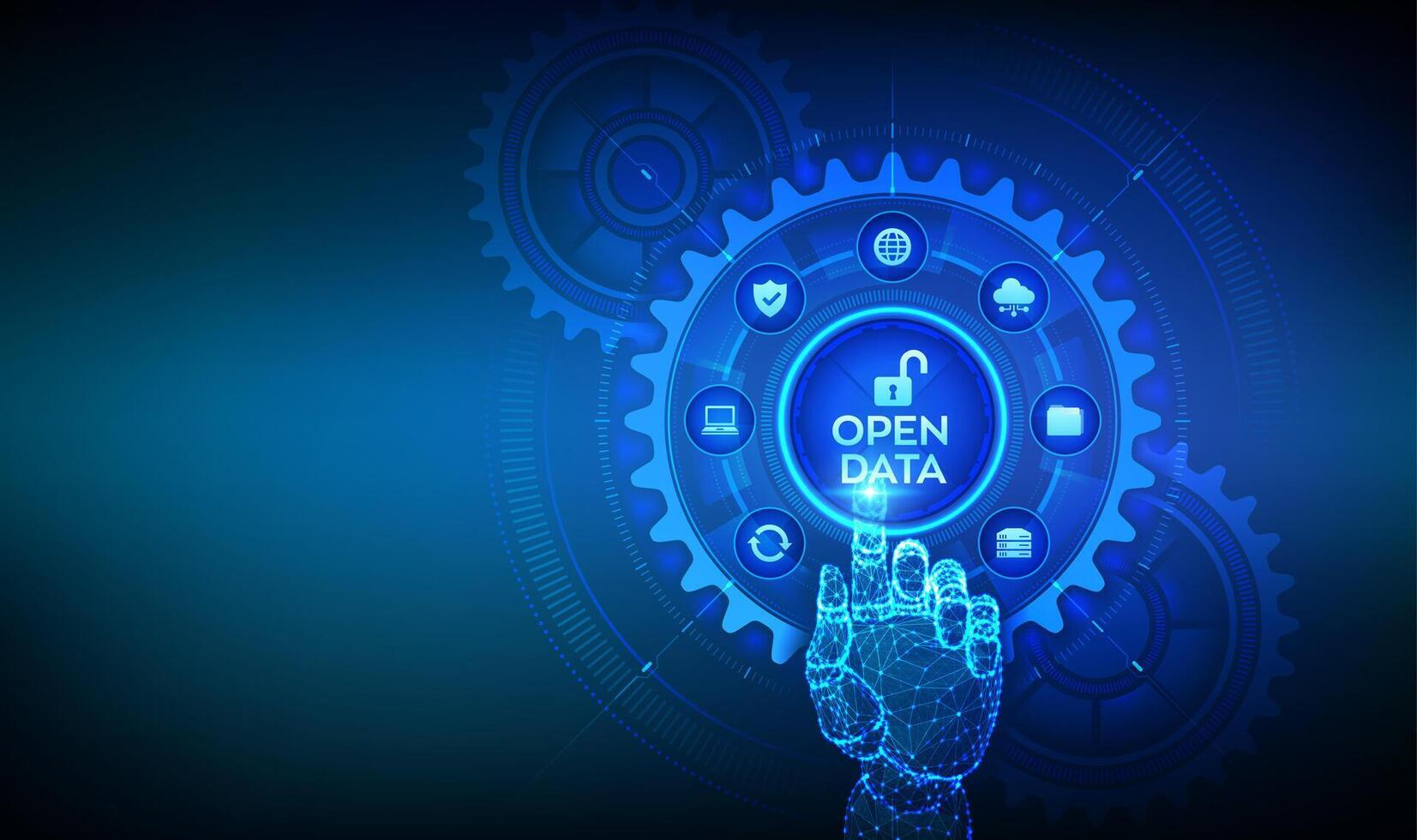 Open data database. Digital file storage system. Online documentation database technology concept. DMS. Integration API. Hand touching digital interface with connected gears cogs and icons. vector